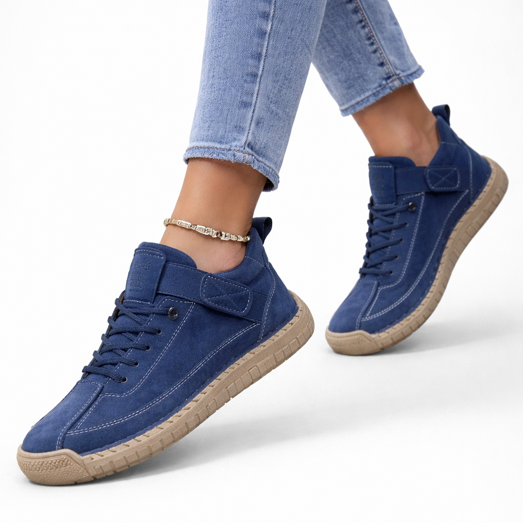 Blue lace-up comfort sneakers with side strap and textured rubber sole