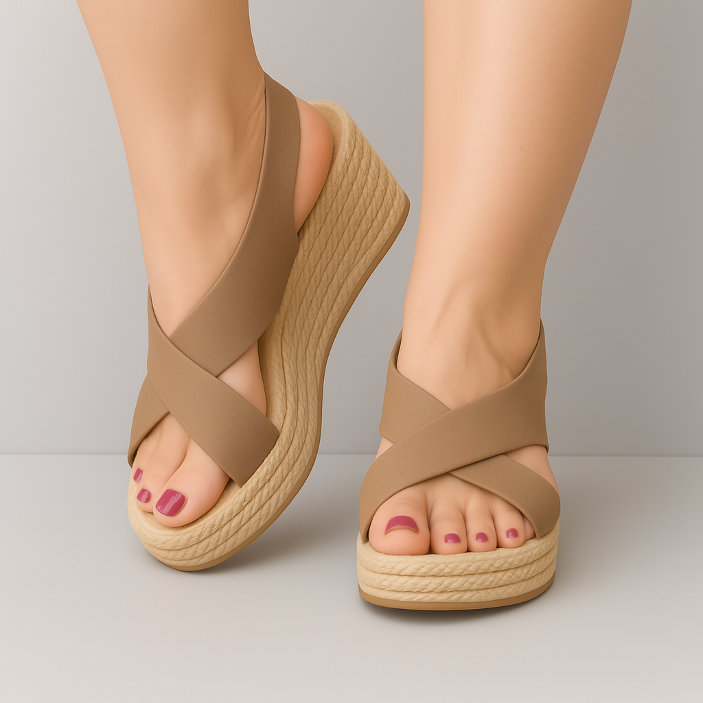Brown cross-strap open-toe espadrille wedge sandals with jute platform