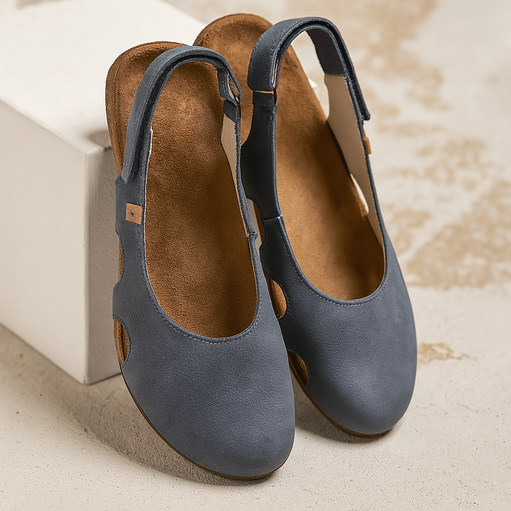 Navy-blue Mary Jane comfort shoes with strap opening and cushioned low wedge sole