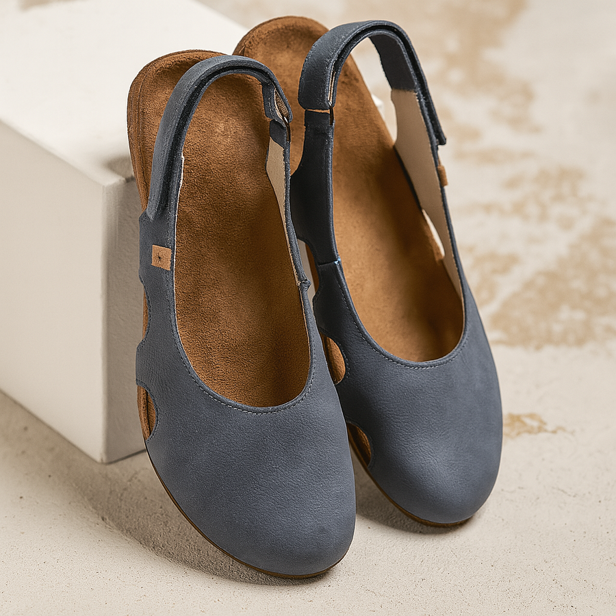 Navy-blue Mary Jane comfort shoes with strap opening and cushioned low wedge sole