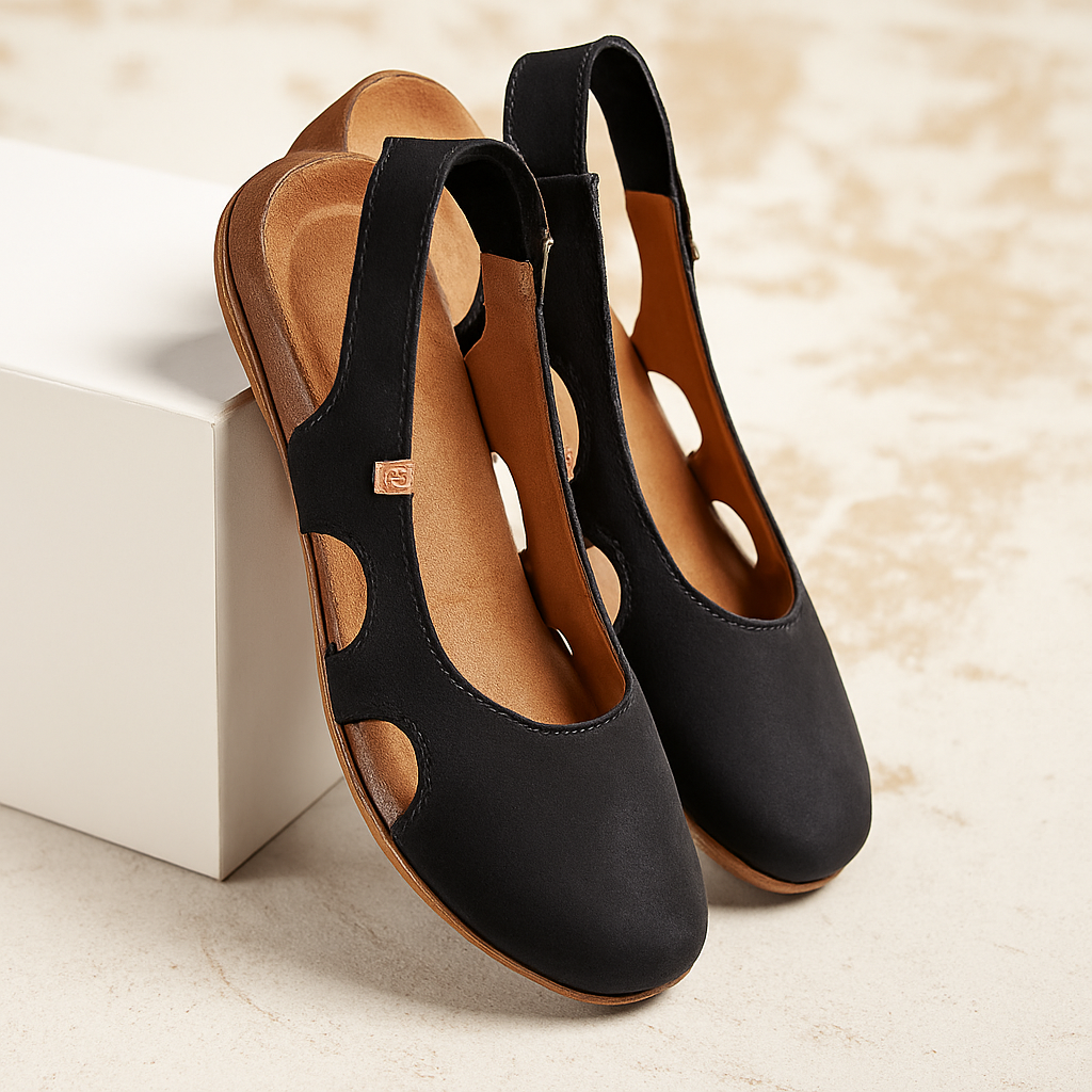 Black comfort Mary Jane shoes with slingback straps and cushioned wedge sole