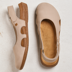 Beige comfort Mary Jane shoes with adjustable strap openings and wedge sole