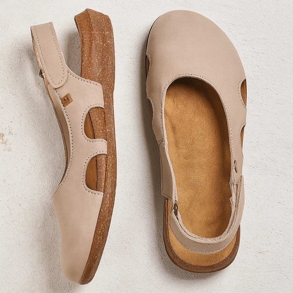 Beige comfort Mary Jane shoes with adjustable strap openings and wedge sole