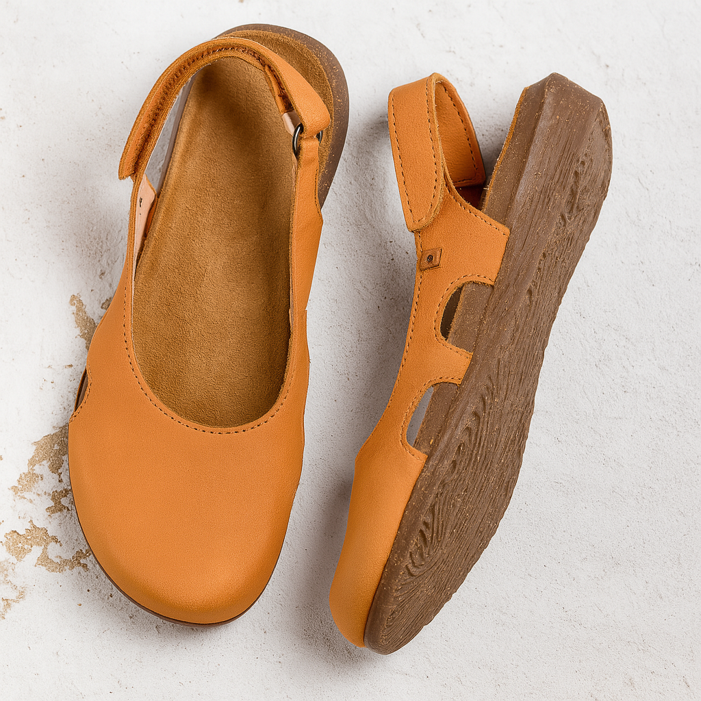 Orange comfort slip-on shoes with cushioned lining and textured wedge sole