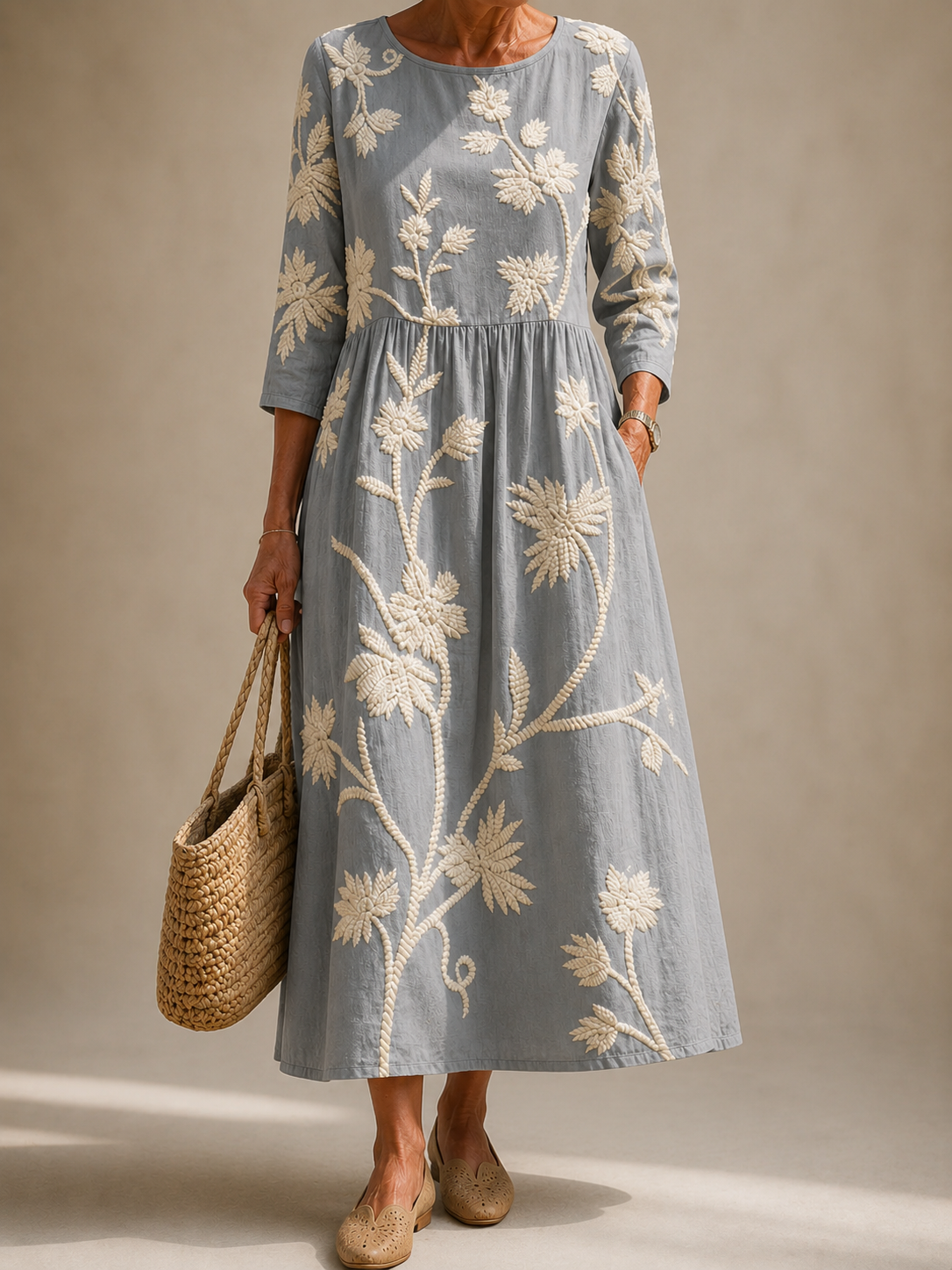 ASHLEY embroidered floral long-sleeve dress with round neck and gathered waist