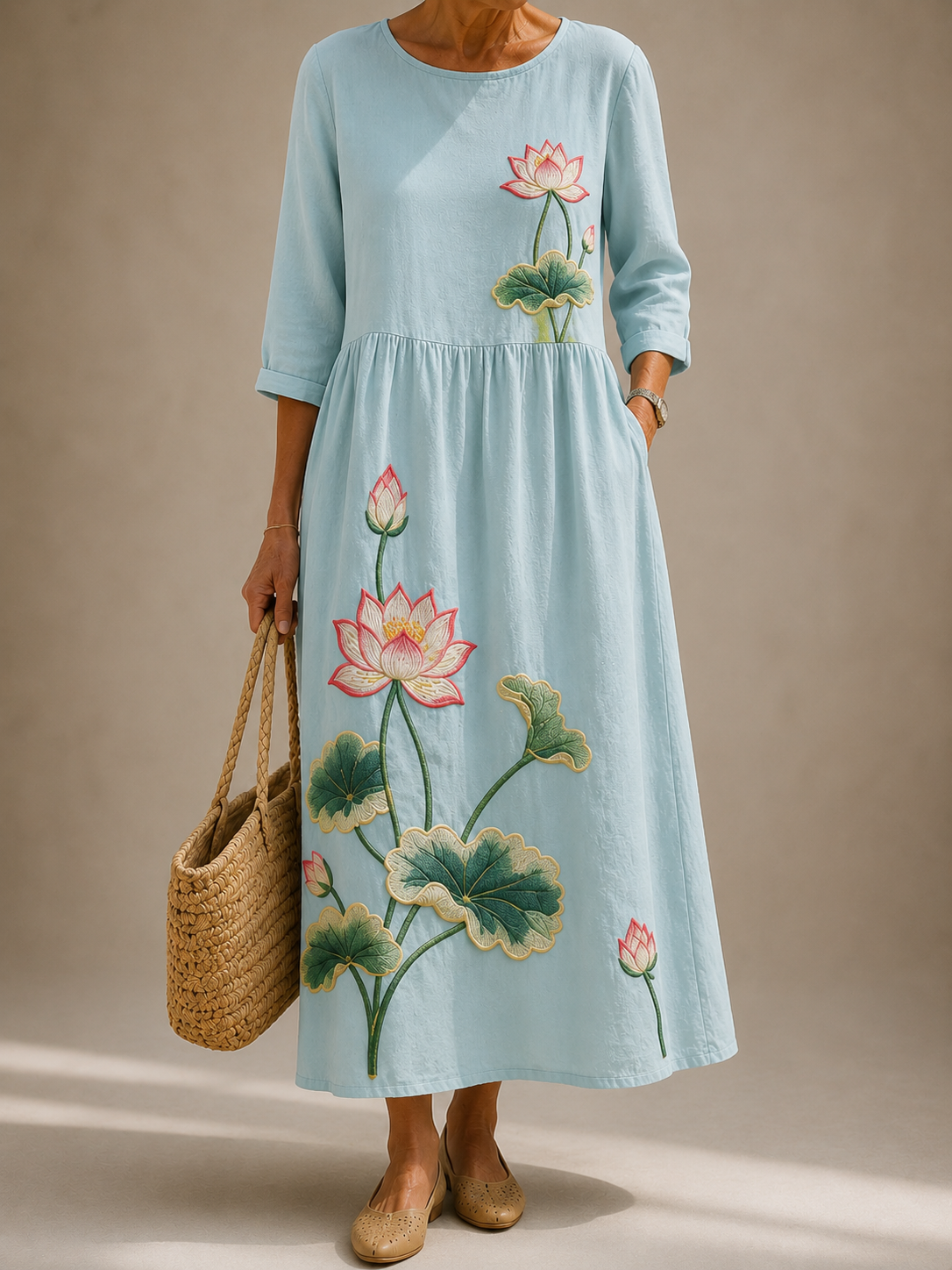 Light blue floral print midi dress with 3/4 sleeves, round neck, gathered waist