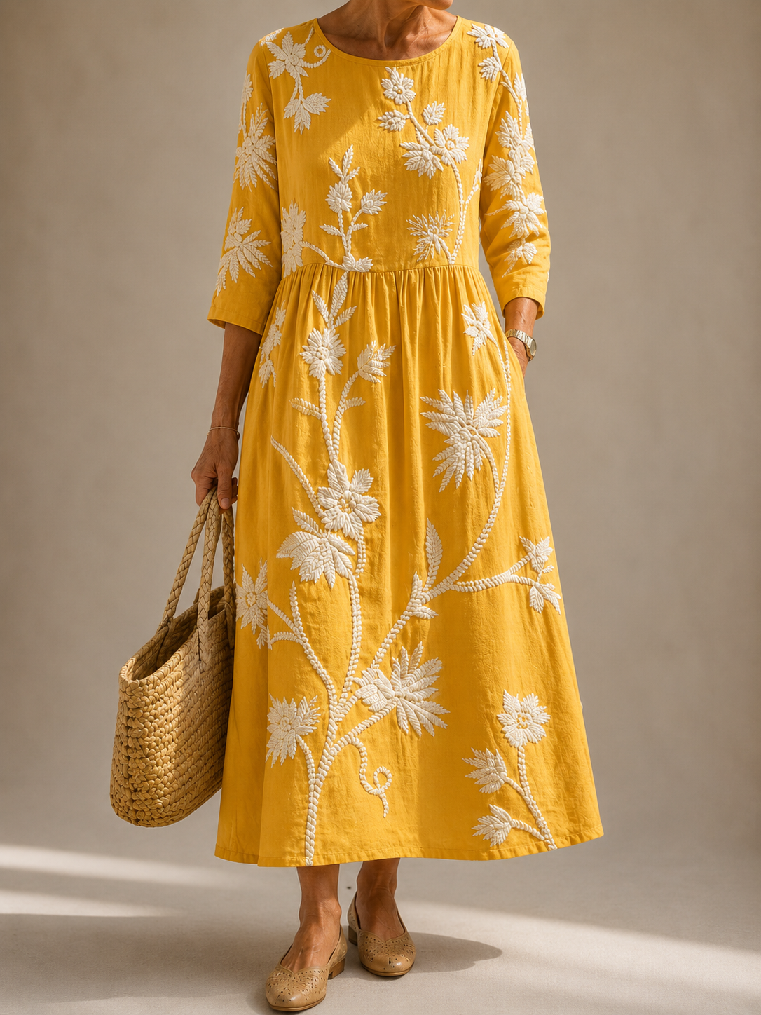 Mustard yellow embroidered flower midi dress, long sleeves, round neck, gathered waist