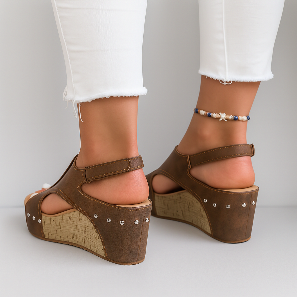 Brown wedge sandals with ankle strap, peep toe, cork-textured wedge, metal studs