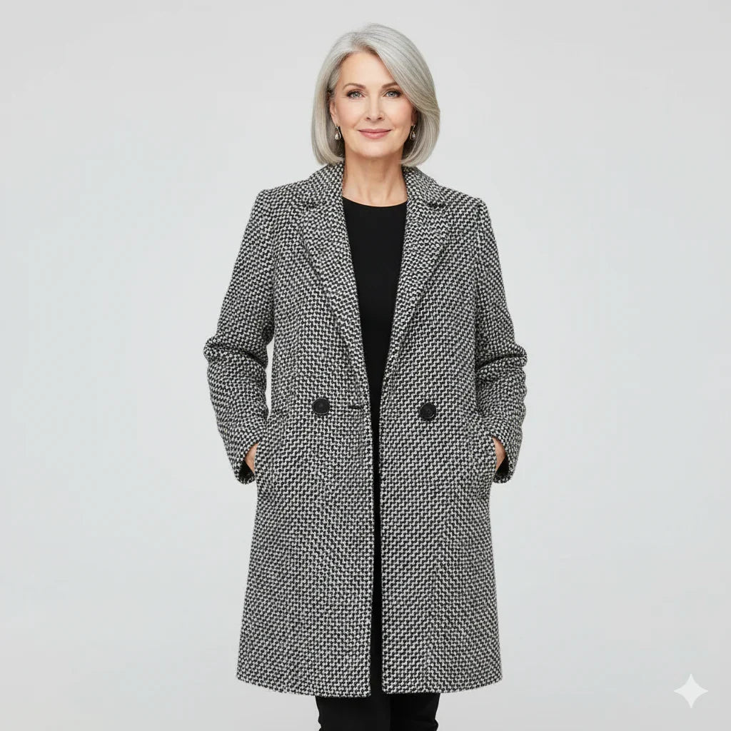 Gray long coat, textured herringbone weave with wide lapels and double-button front