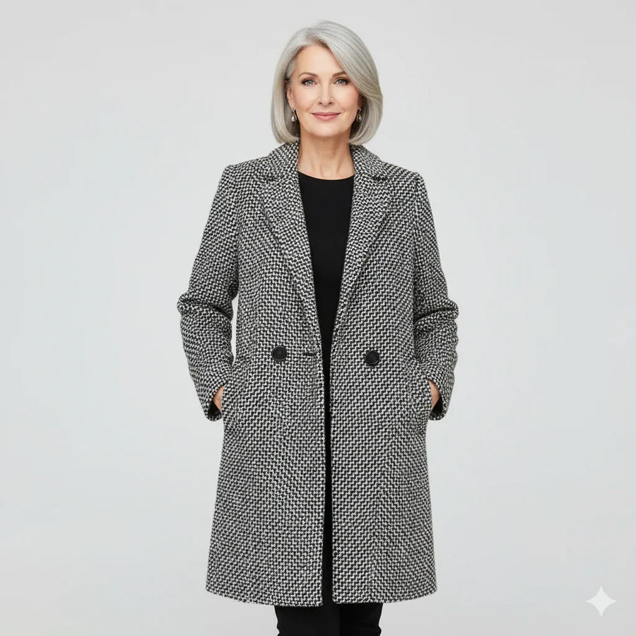 Gray long coat, textured herringbone weave with wide lapels and double-button front