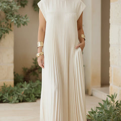 Soft beige loose maxi dress with cap sleeves and vertical pleated detailing