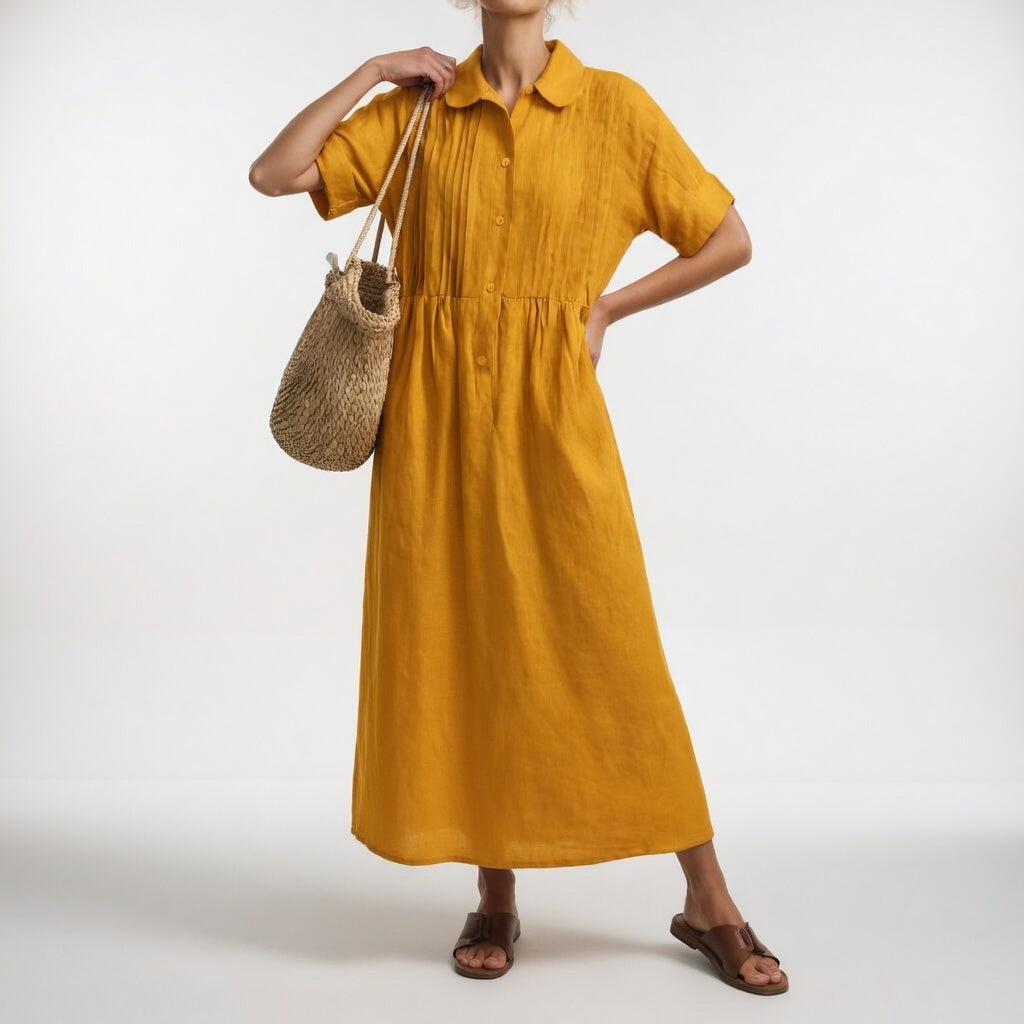 Earth yellow shirt dress with short sleeves, button front, and gathered waist, midi length