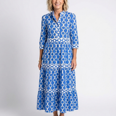 Blue chain-link pattern midi dress with 3/4 sleeves and tiered skirt hem