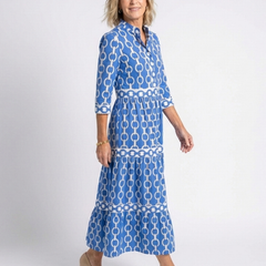 Blue chain-link pattern 3/4 sleeve midi dress with tiered waist and skirt