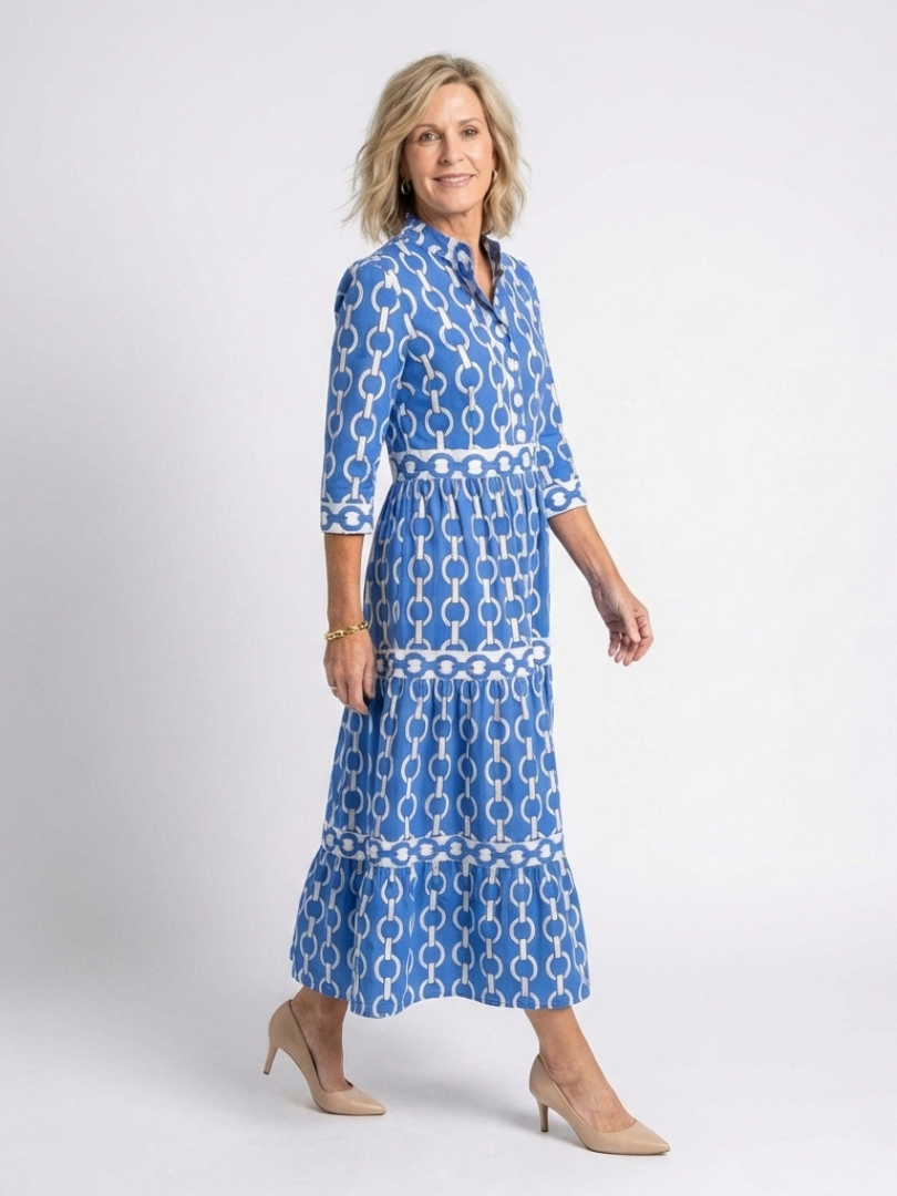Blue chain-link pattern 3/4 sleeve midi dress with tiered waist and skirt