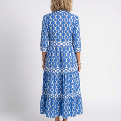 Blue chain-link pattern midi dress with 3/4 sleeves, tiered back and ruffled hem