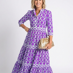 Purple chain-link pattern midi dress with 3/4 sleeves and tiered skirt