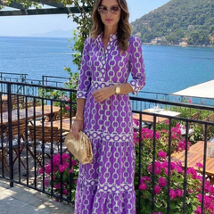 Purple chain-pattern midi dress with 3/4 sleeves