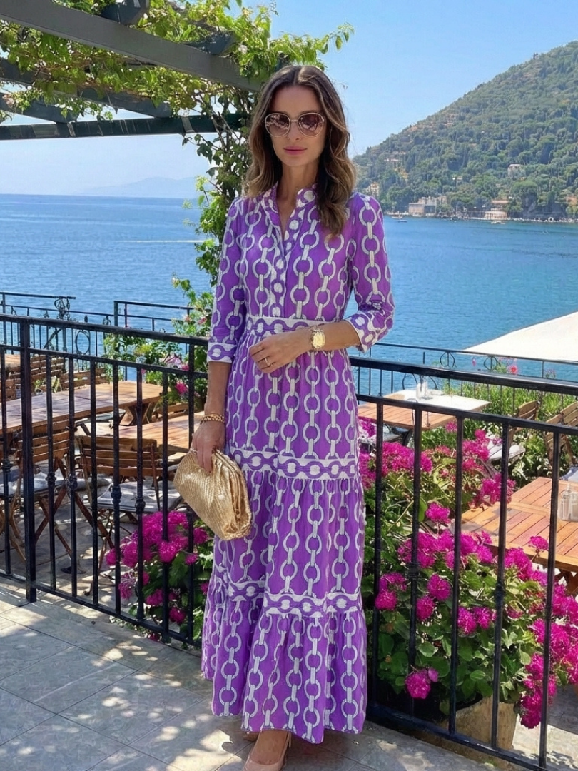 Purple chain-pattern midi dress with 3/4 sleeves
