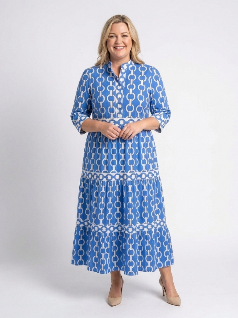 Blue chain-link pattern midi dress with 3/4 sleeves and tiered skirt