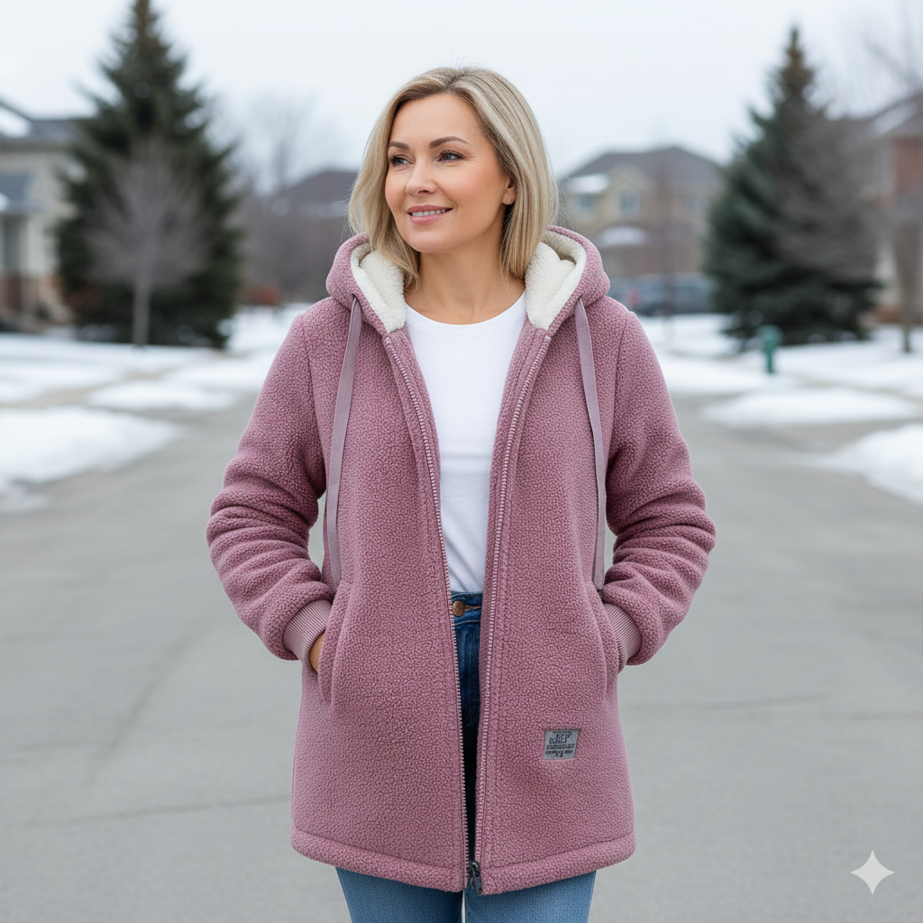 Pink hooded fleece jacket with zipper front and chest logo patch