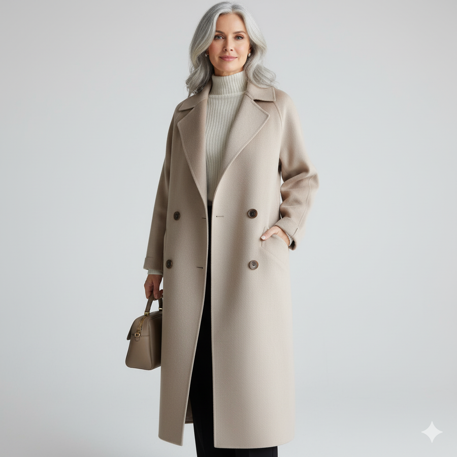 Maeve classic elegant coat, light beige long sleeves with notched lapels and buttoned front