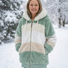 Colorblock plush zip-up hoodie jacket, sage green and cream panels with drawstring hood