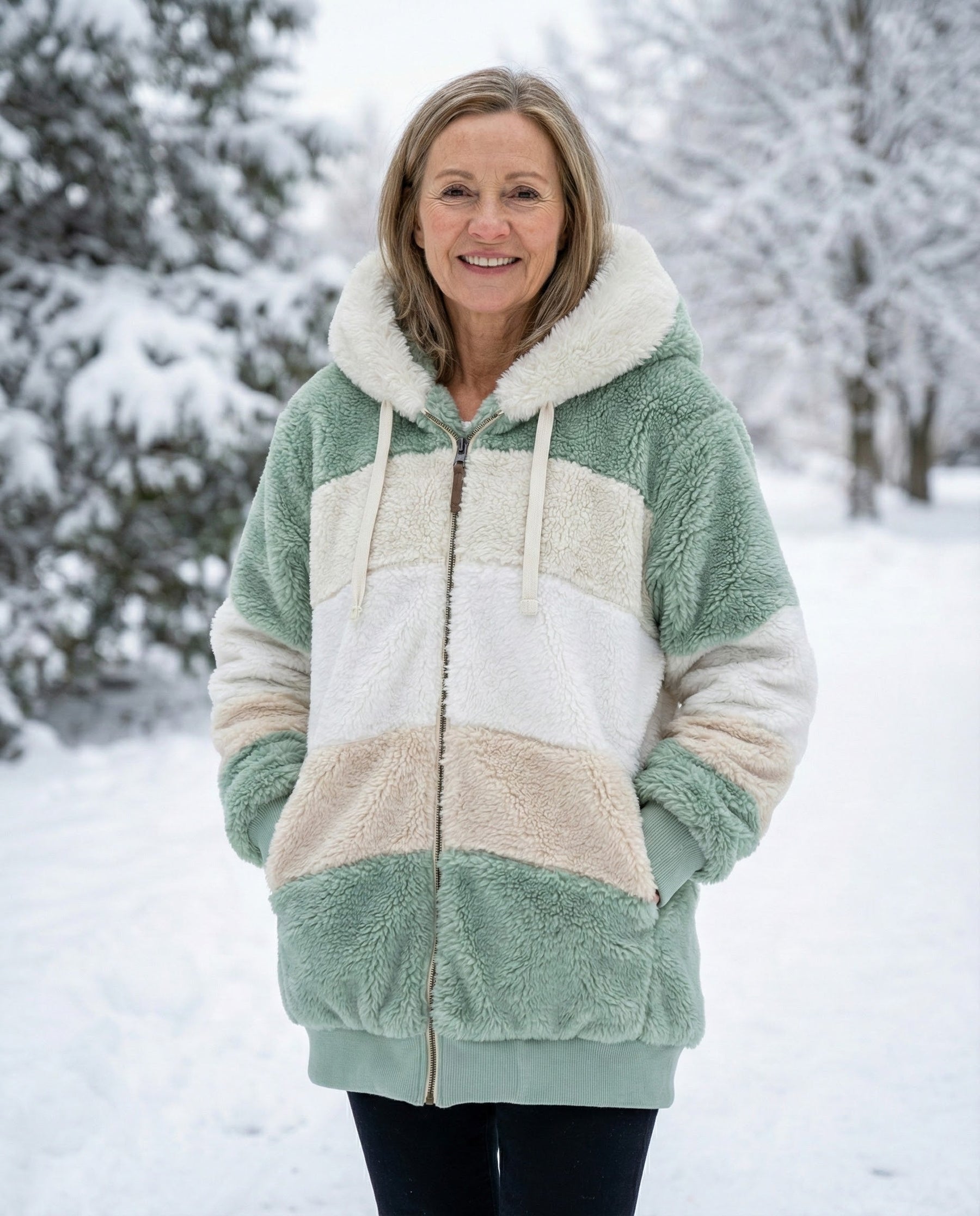 Colorblock plush zip-up hoodie jacket, sage green and cream panels with drawstring hood