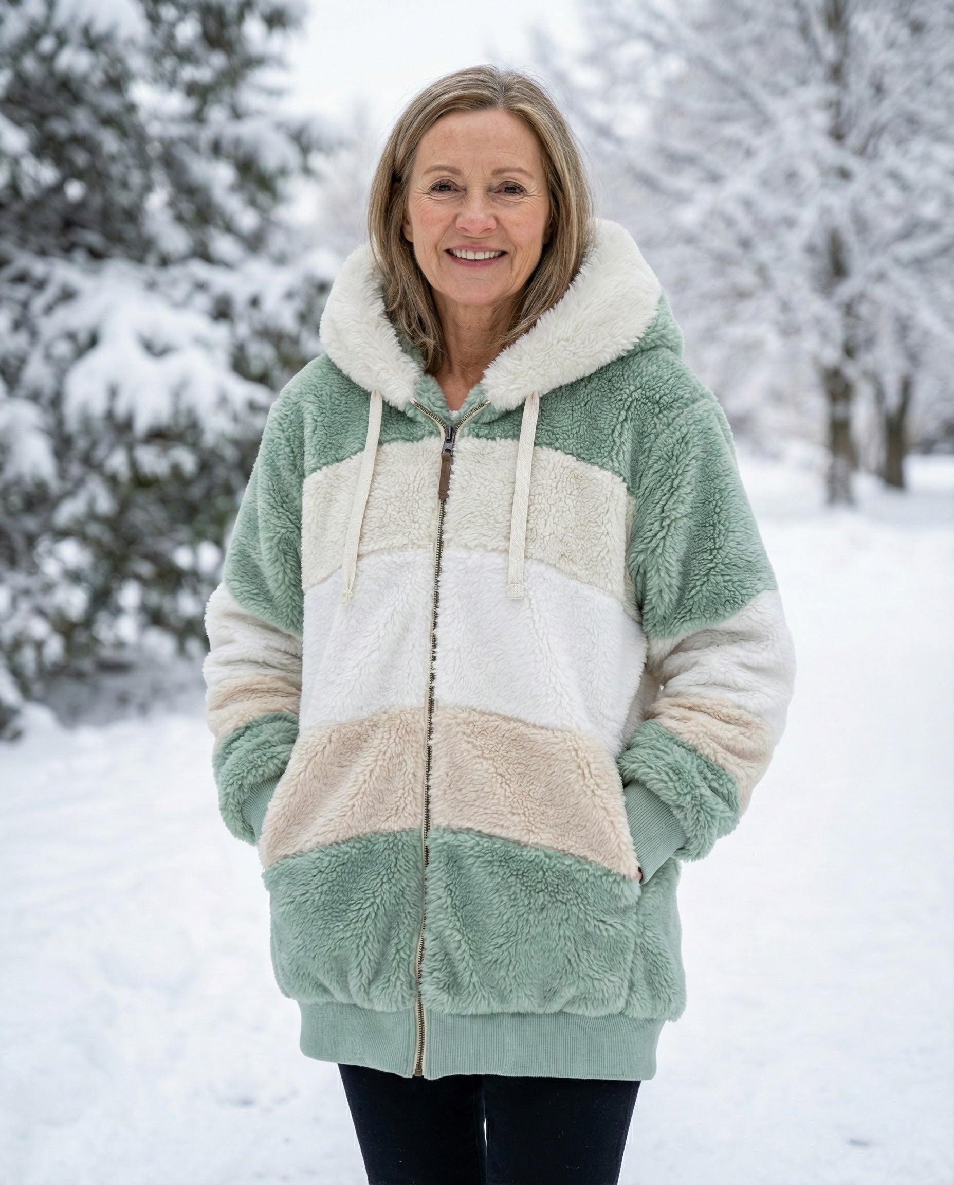 Colorblock plush zip-up hoodie jacket, sage green and cream panels with drawstring hood