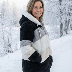 Colorblock plush jacket with hood, white drawstrings, zip front; black and gray panels