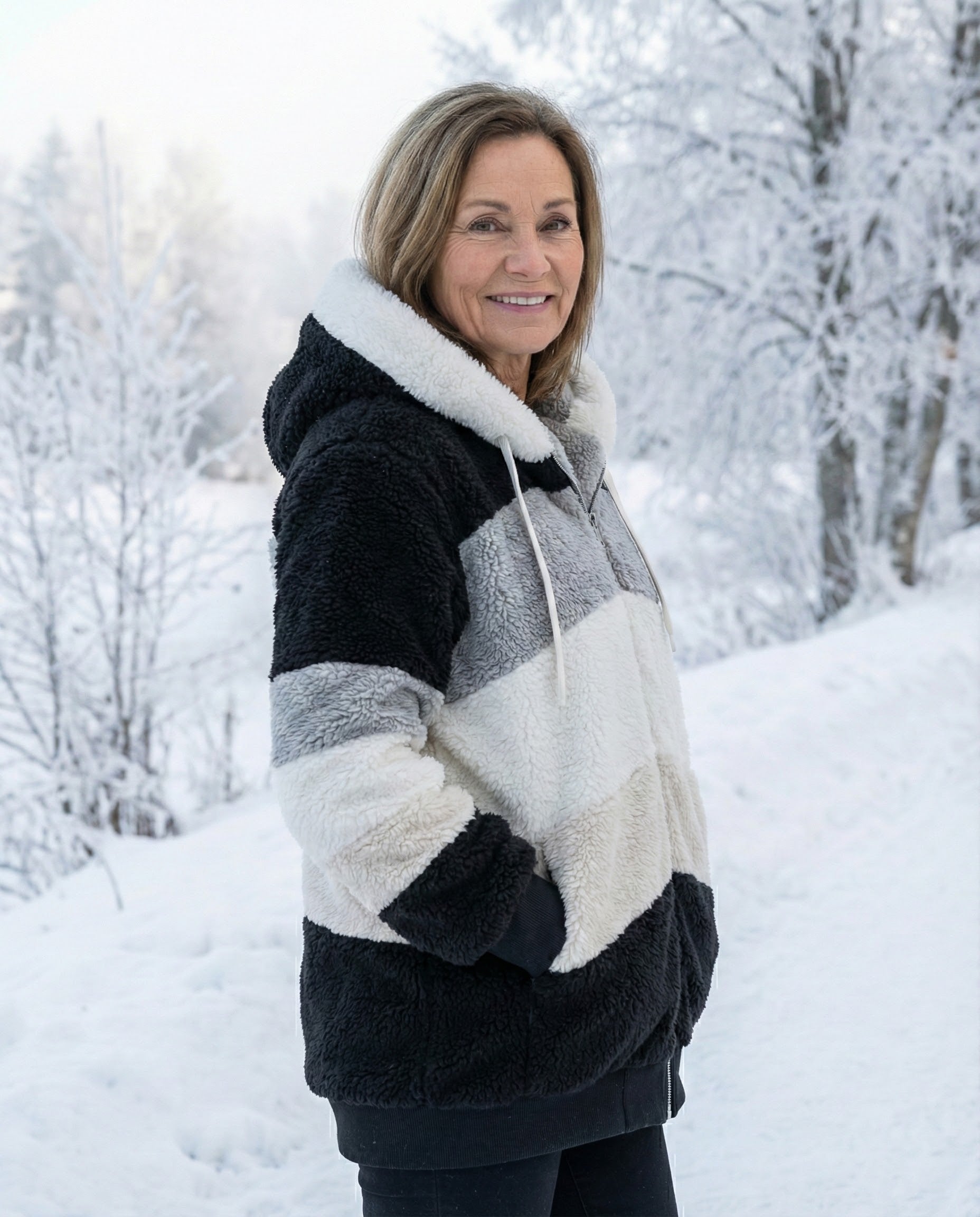 Colorblock plush jacket with hood, white drawstrings, zip front; black and gray panels