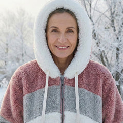 Colorblock plush hooded jacket with zip, mauve outer, light gray and cream stripes.