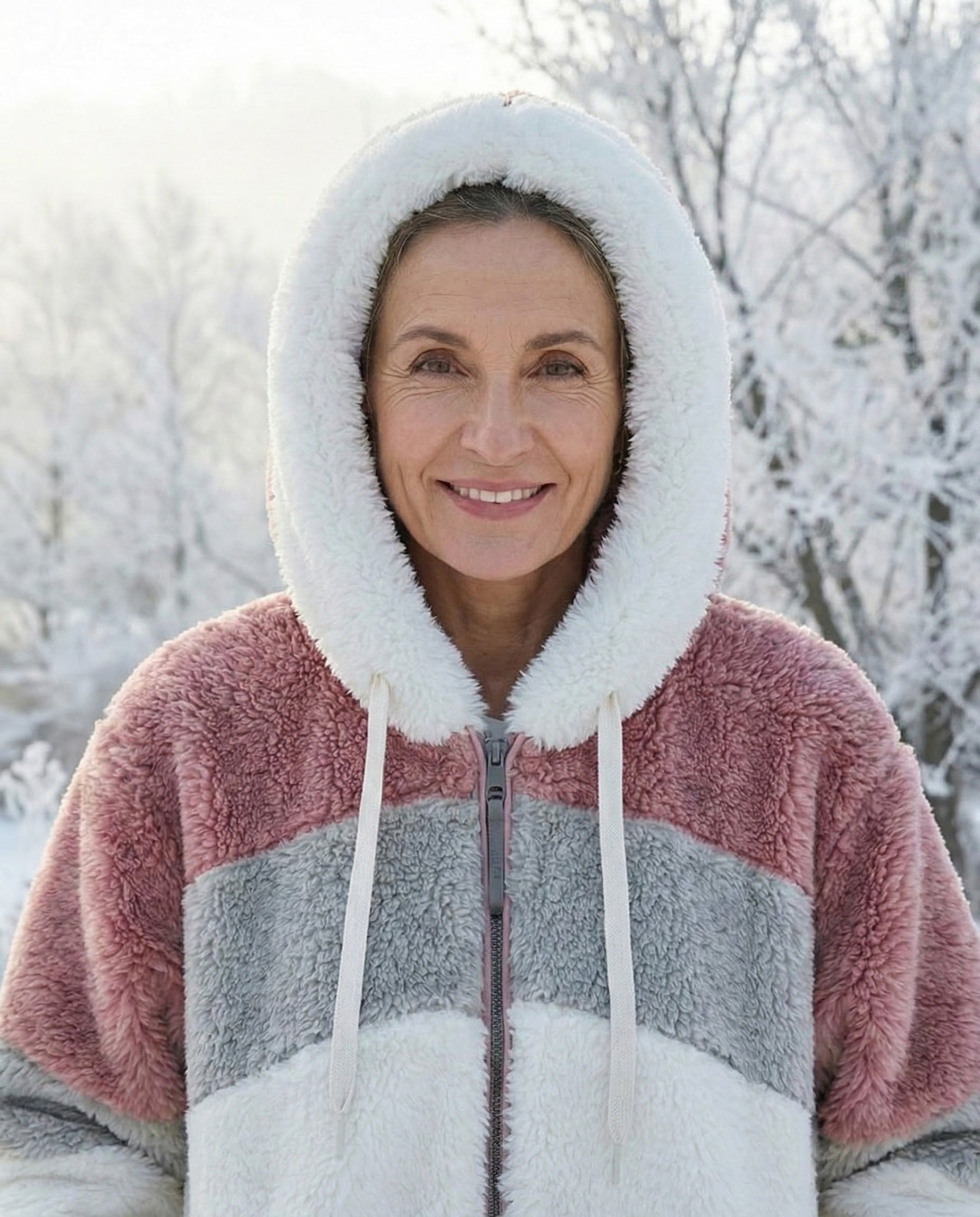Colorblock plush hooded jacket with zip, mauve outer, light gray and cream stripes.