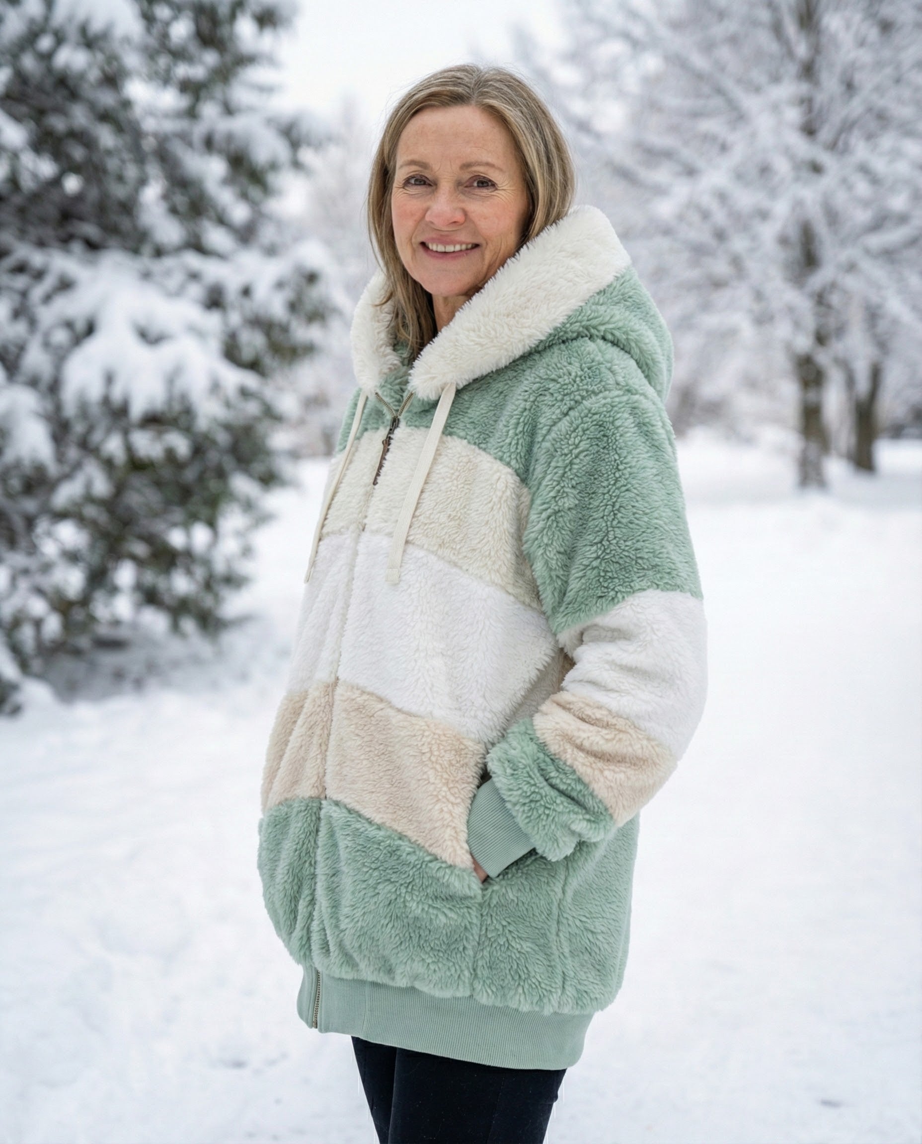 Colorblock plush zip-up hoodie jacket, side view in sage green and cream color blocks