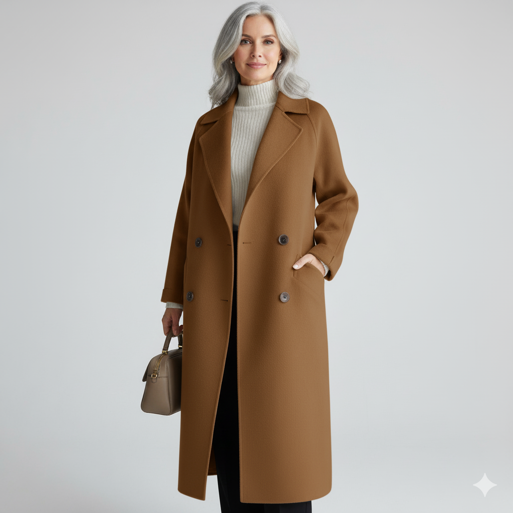 Maeve classic elegant coat, brown with notched lapels and double-breasted button front
