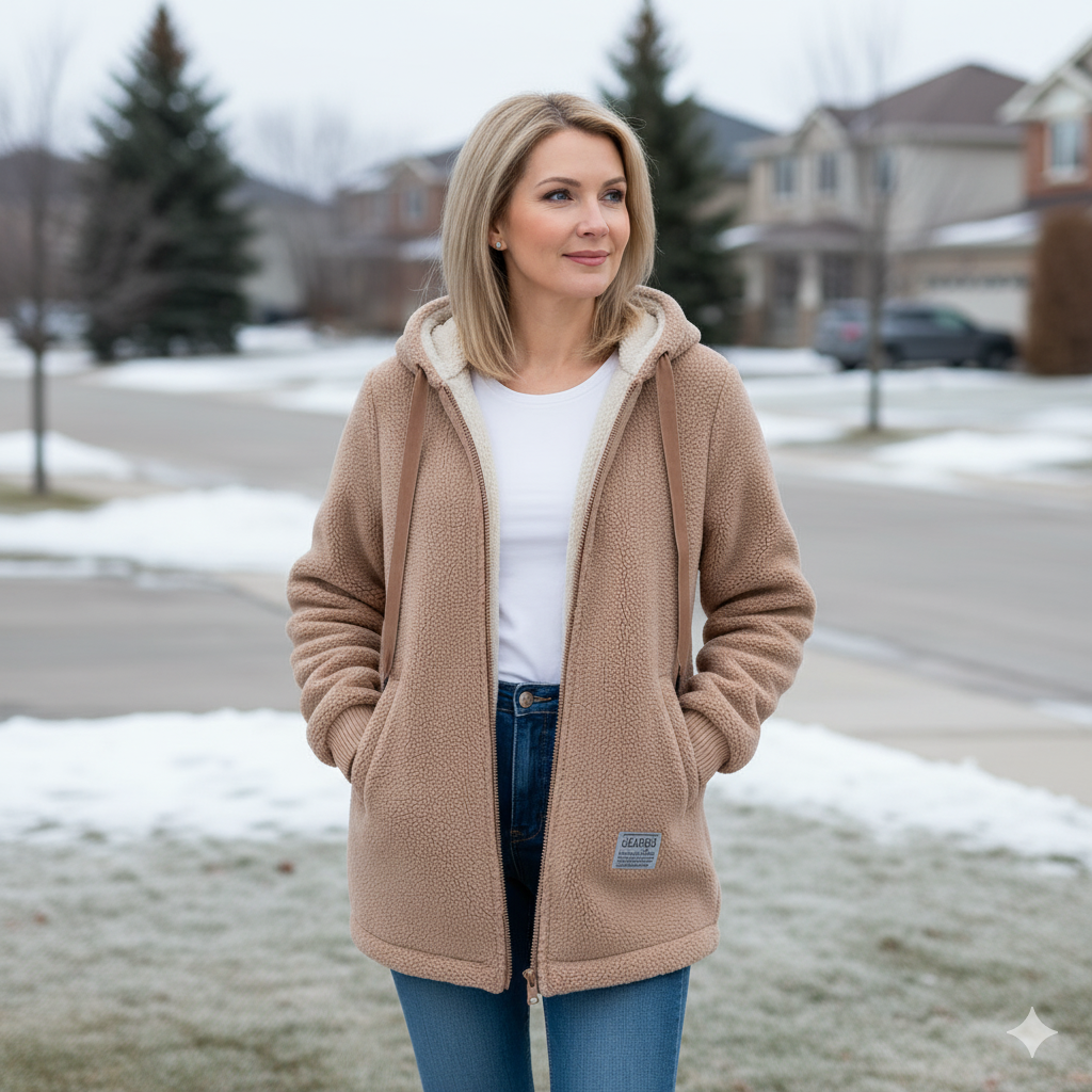 Tan hooded fleece jacket with zipper front and side patch pocket