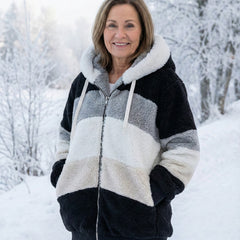 Colorblock plush zip-up hoodie jacket, black and white panels with drawstring hood