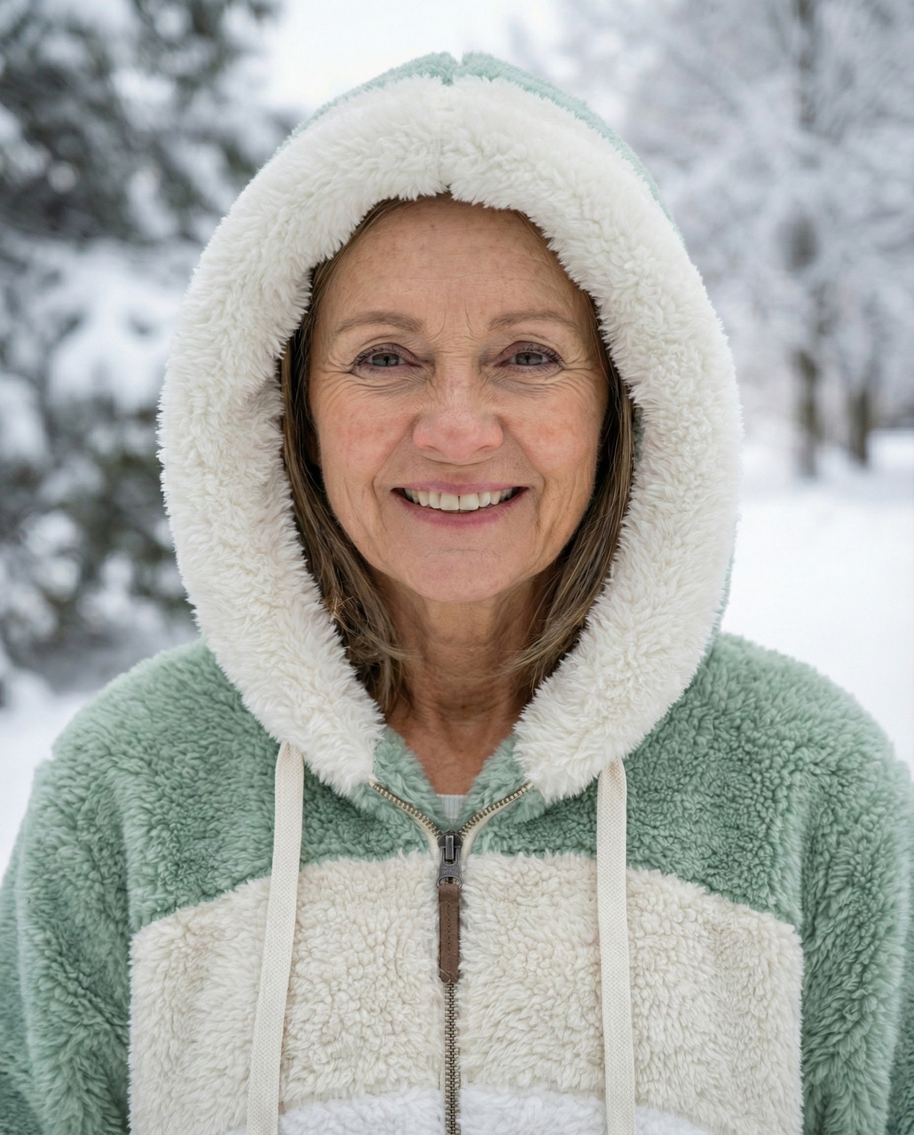 Colorblock plush hoodie jacket hood, sage green outer with cream lining and zipper placket