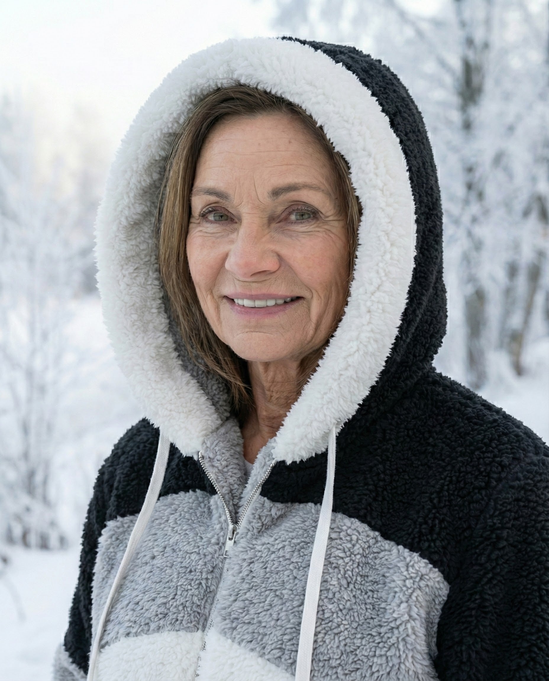 Colorblock plush jacket hood with white drawstrings and zip front; black and gray panels