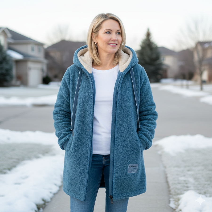 Blue hooded fleece jacket with front zipper and side pockets