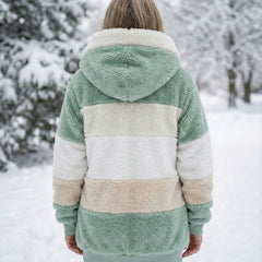 Back view of colorblock plush zip-up hoodie jacket, sage green with cream and tan stripes
