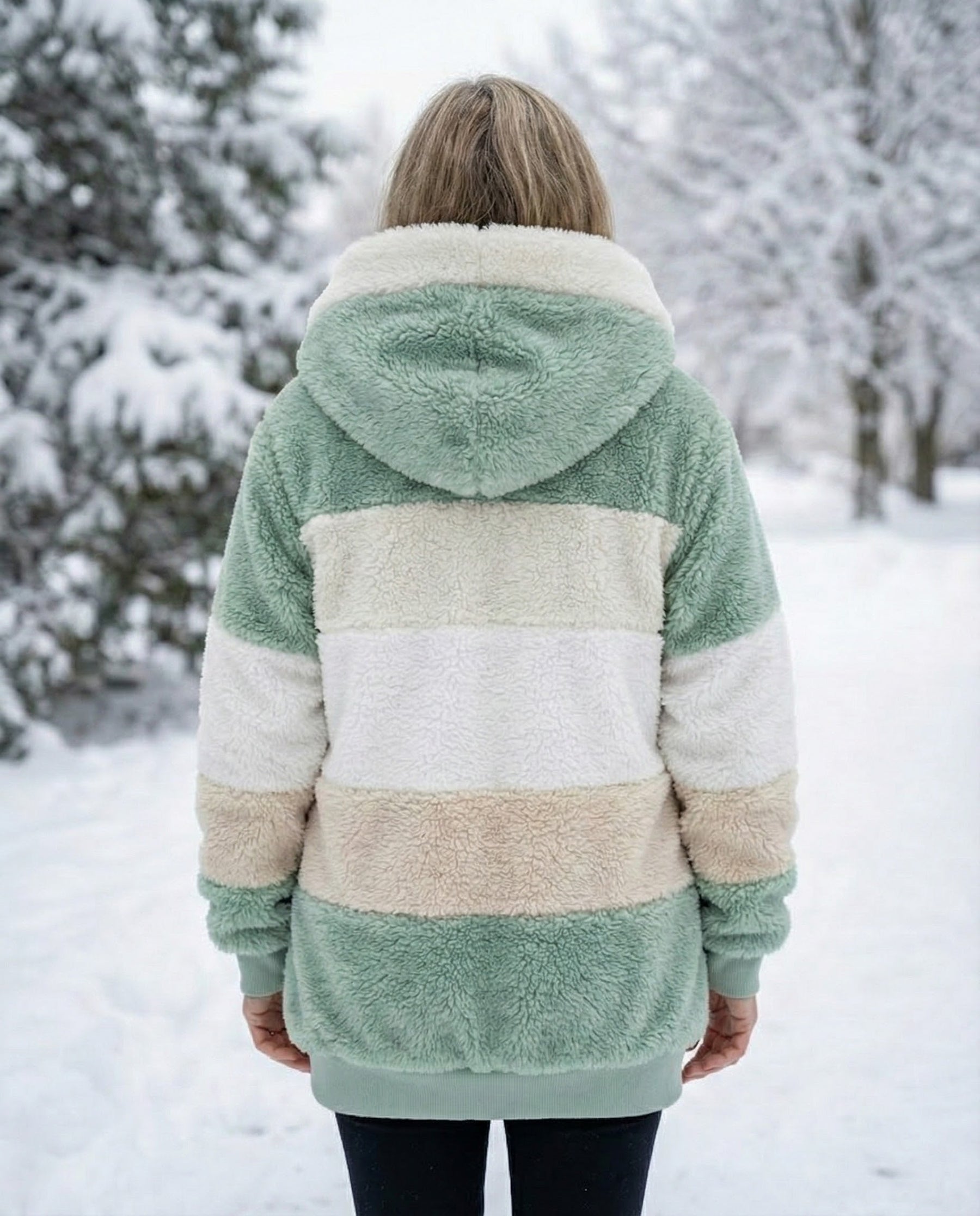 Back view of colorblock plush zip-up hoodie jacket, sage green with cream and tan stripes