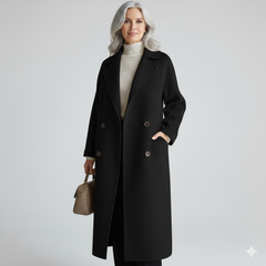 Maeve classic elegant coat, black with notched lapels and double-breasted button front