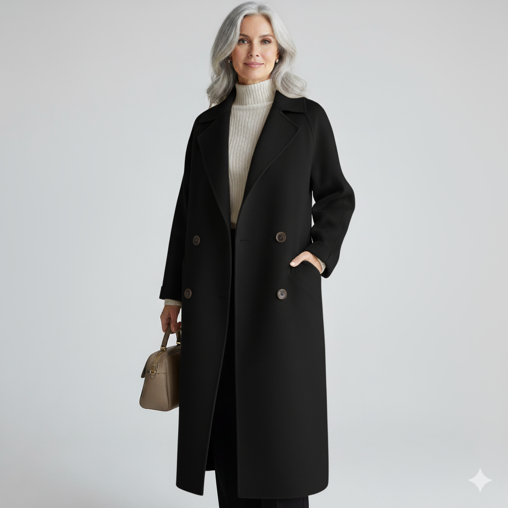 Maeve classic elegant coat, black with notched lapels and double-breasted button front