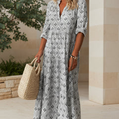 Gray boho maxi dress with V-neck, short sleeves, geometric pattern