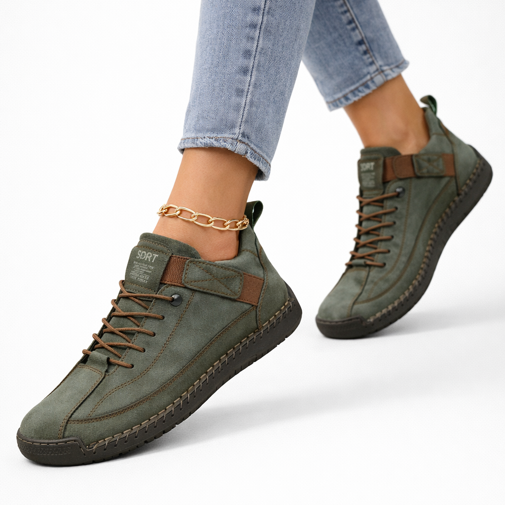 Green lace-up comfort sneakers with side strap and textured rubber sole