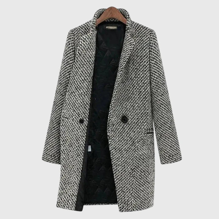 Gray long coat on hanger with black lining, notch lapels, and button-front closure