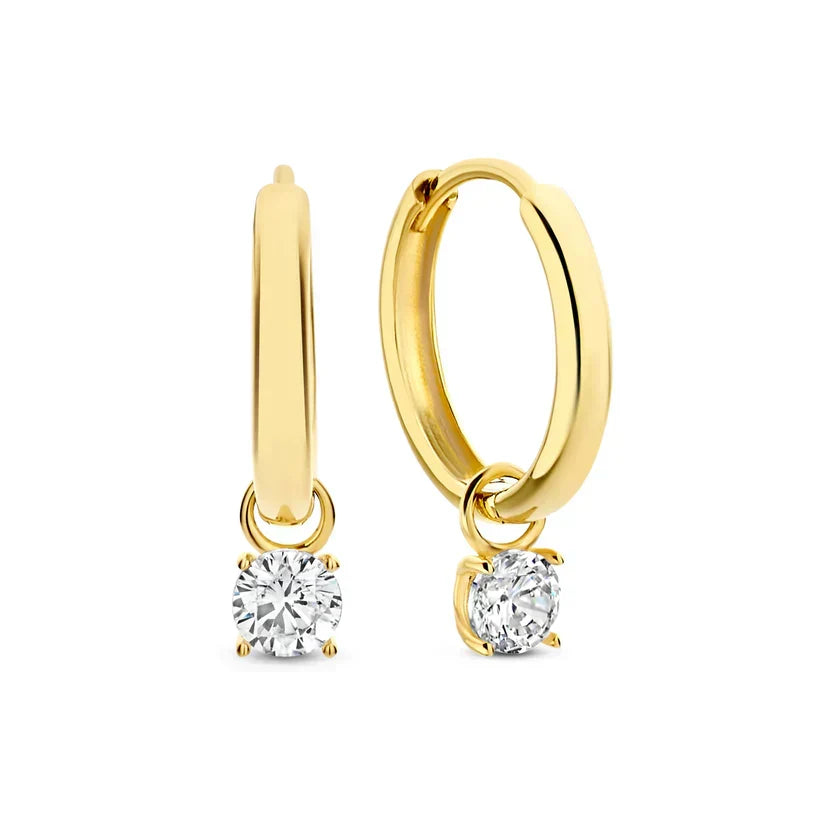 Gold-tone hoop earrings with round clear stone charms, shown together