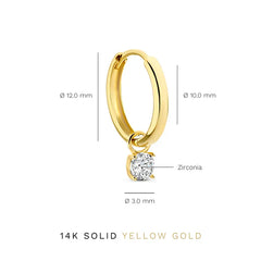 14K solid yellow gold hoop with round zirconia charm; size markings (12 mm, 10 mm)
