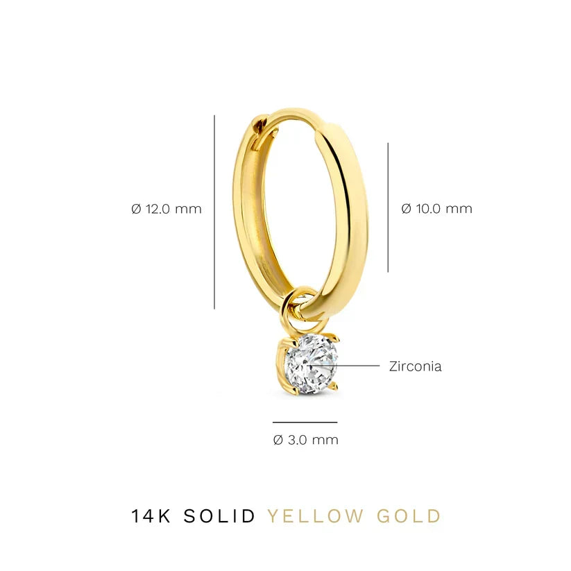 14K solid yellow gold hoop with round zirconia charm; size markings (12 mm, 10 mm)